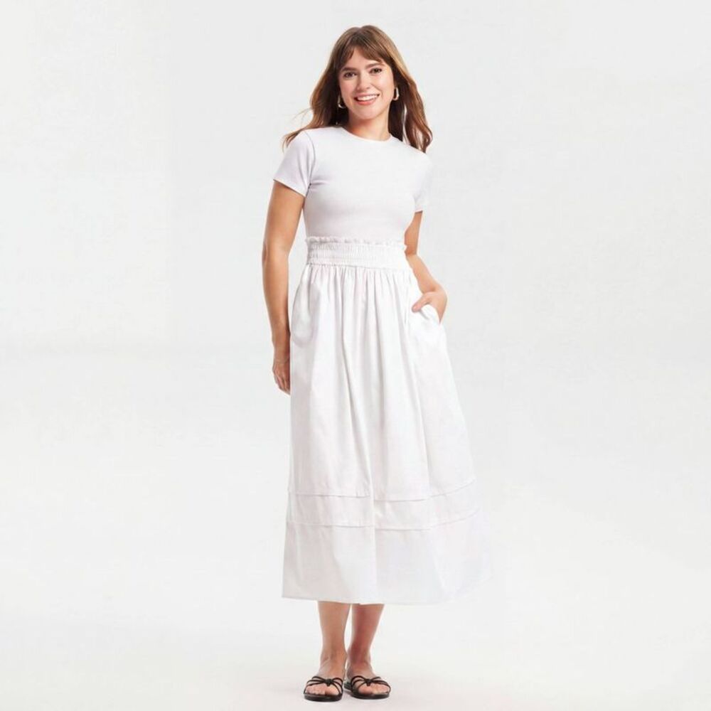 Women's Short Sleeve Smocked Waist Midi T-Shirt Dress - A New Day White S